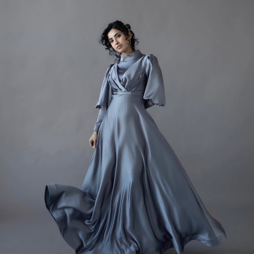 BLUE PUFF SLEEVE MODEST BALL GOWN
